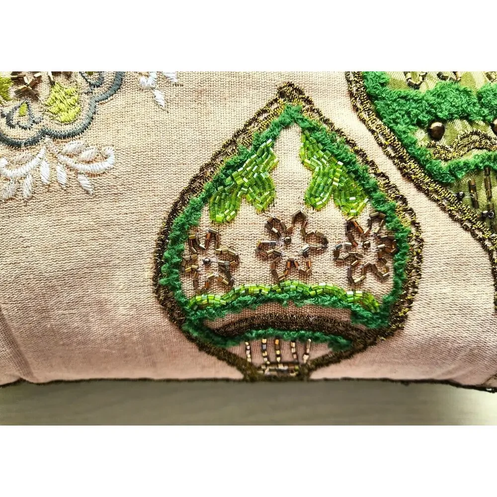 Pier 1 Beaded Embroidered Throw Pillow 16x12 Green Floral Accent Decor
